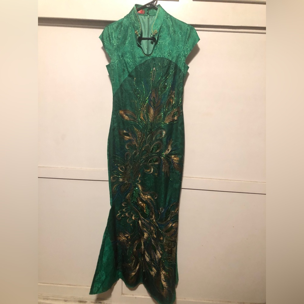 Orchid traditional asian oriental chinese QiPao peacock emerald green dress S